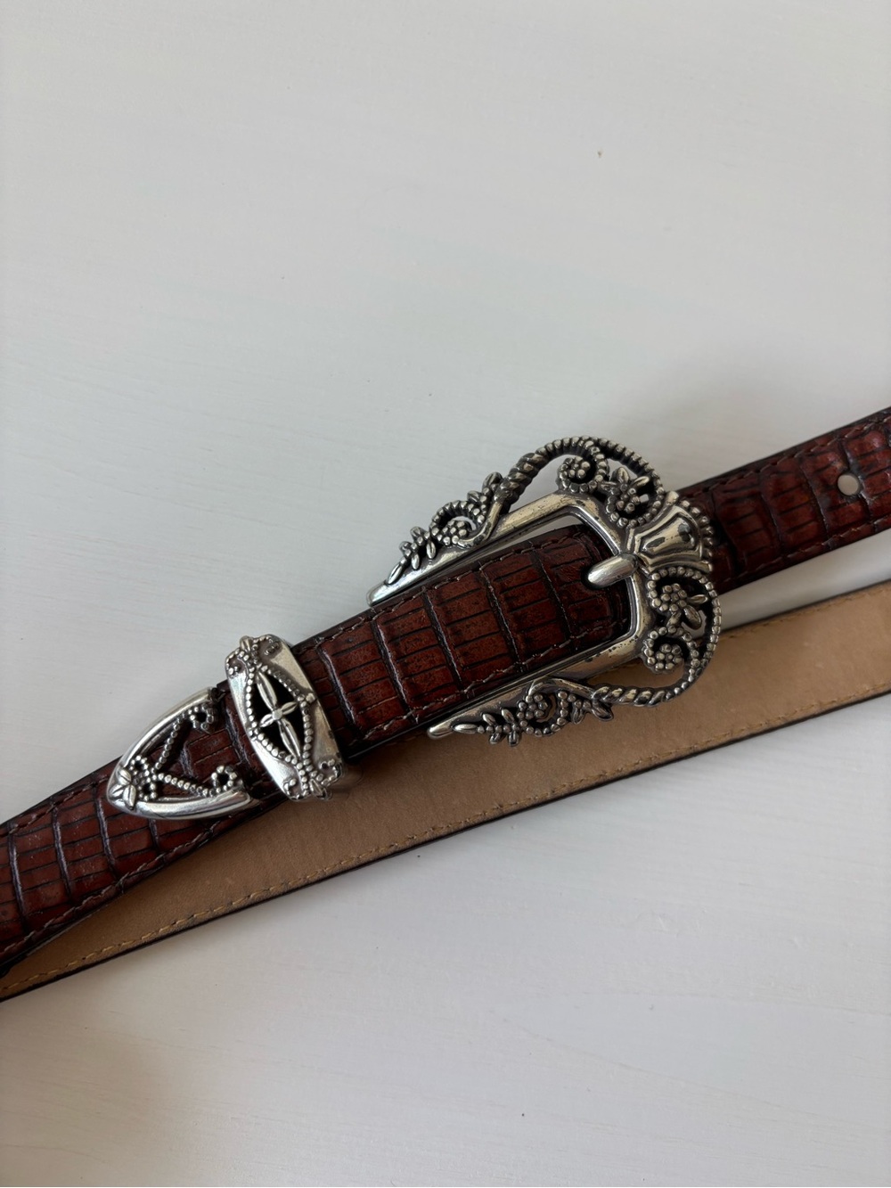 Women’s Brighton Brown Embossed Leather Belt with Ornate Silver Buckle